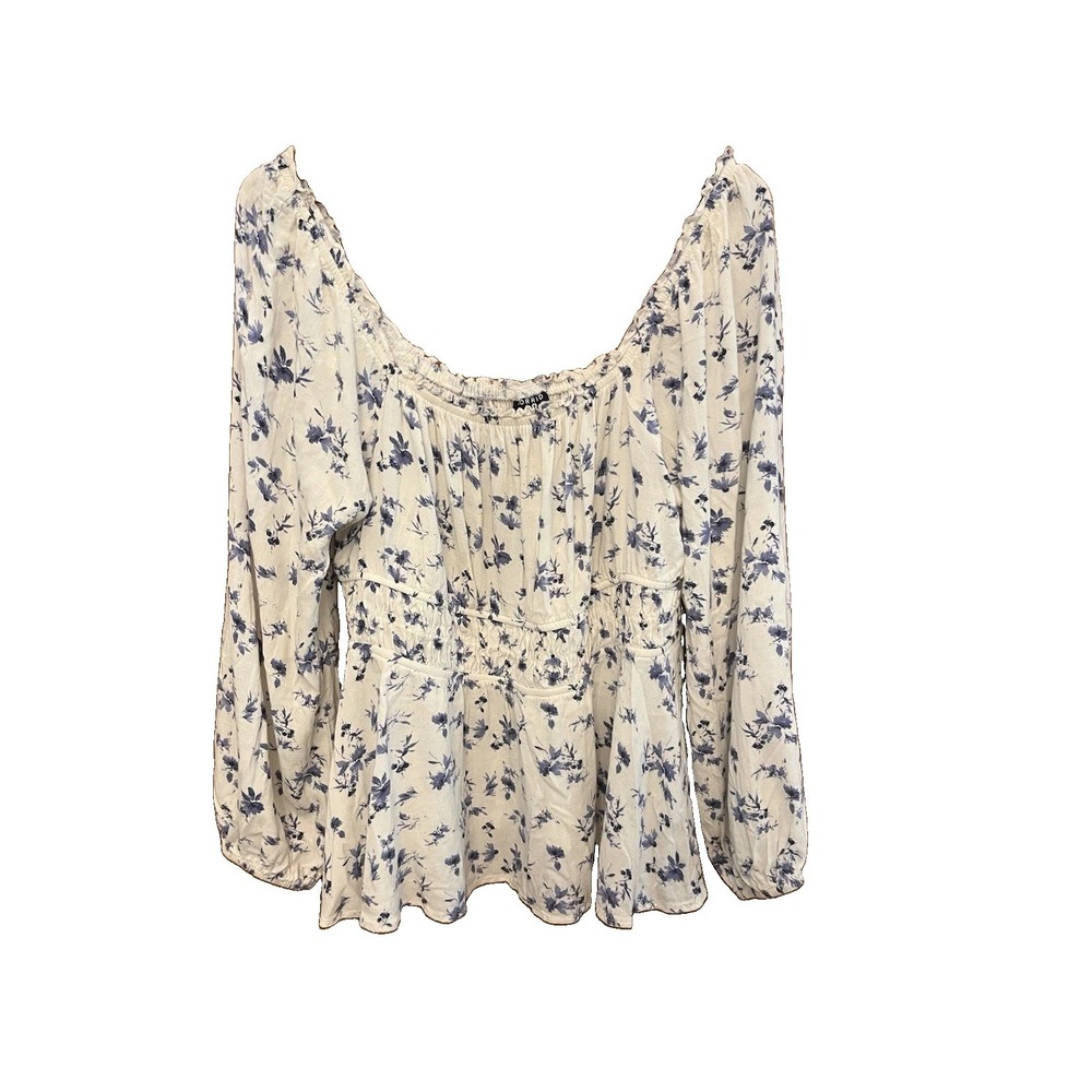 TORRID Women's Blouse White W Blue Floral On/0ff Shoulder Lots Of Stretch Sz 1 - Picture 1 of 5